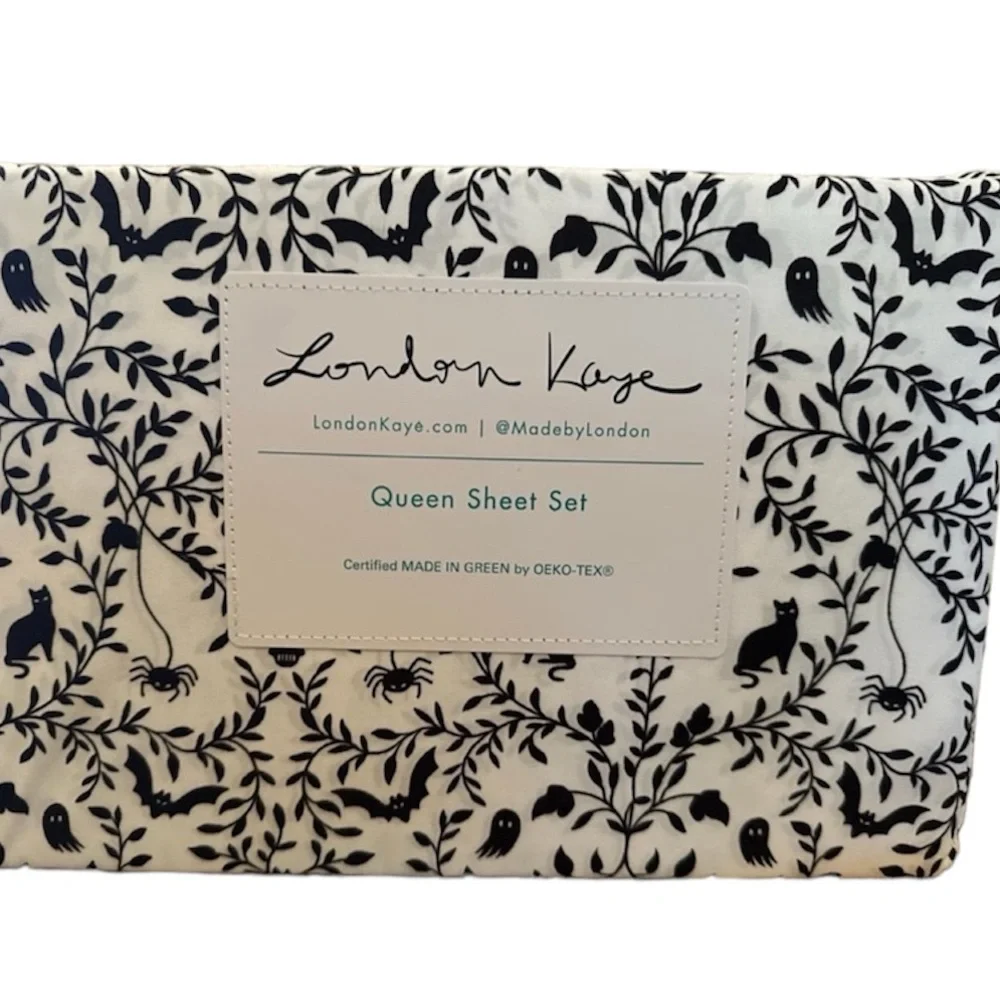 London Kaye Halloween Ghost Black Cat Bed Sheet Set Queen